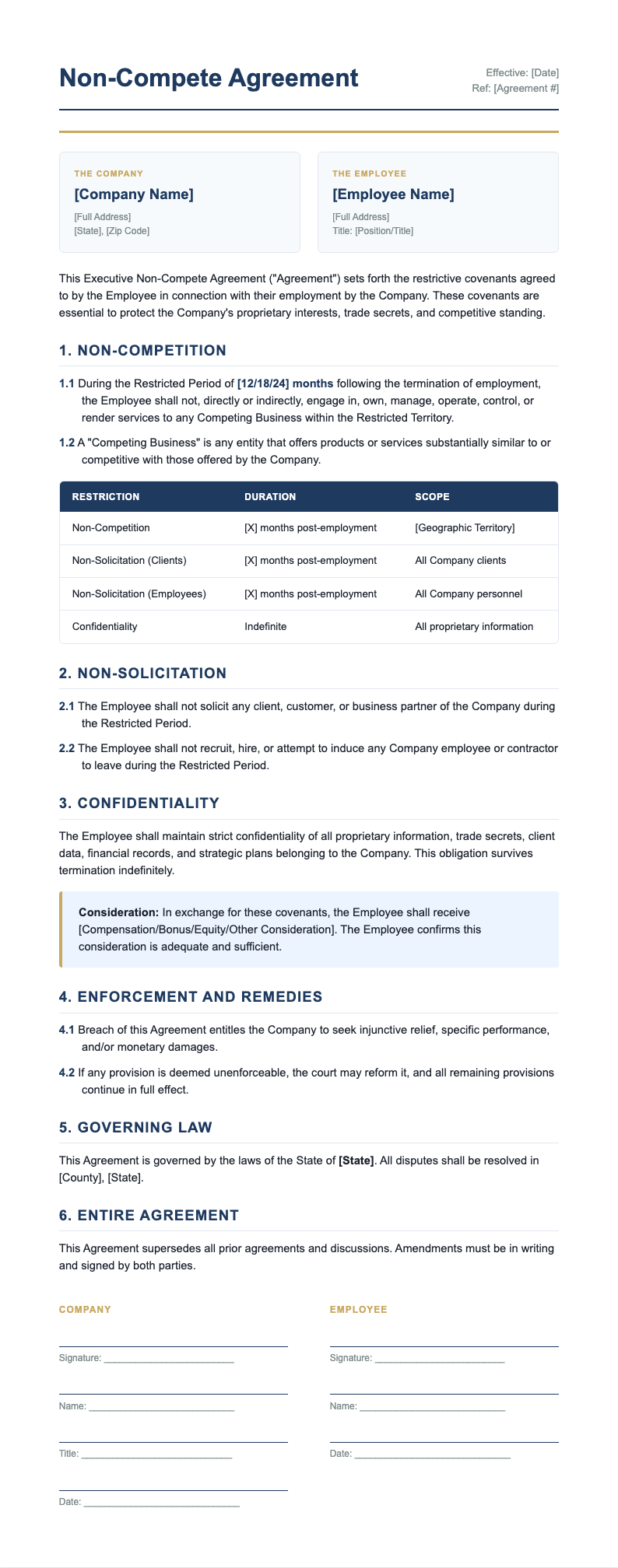 Executive Non Compete Agreement